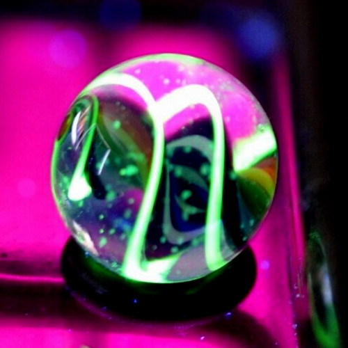 BRIAN TRILLAS GLASS MARBLE/.725″CRUSHED OPAL, GREEN BLACKLIGHT RAINBOW CORKSCREW