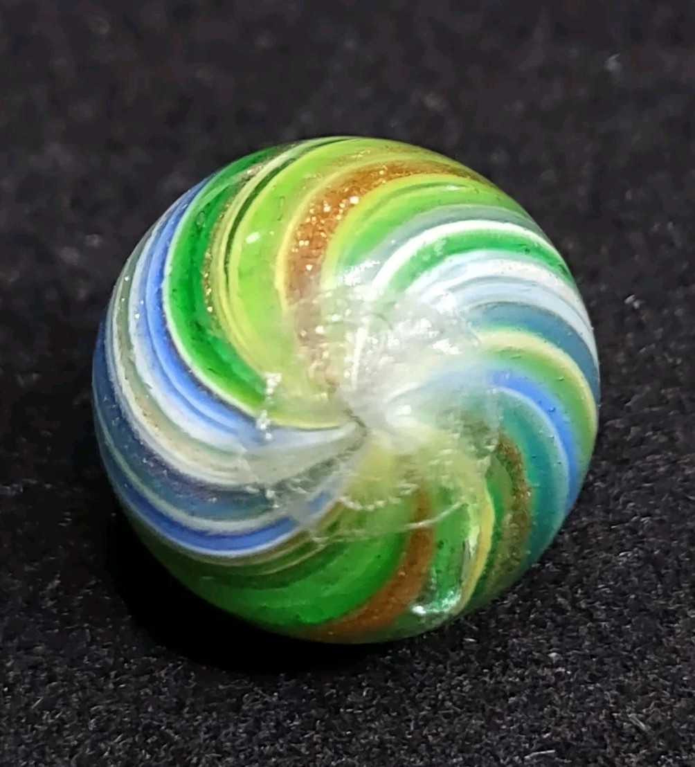 HTF ✨ .65″ GOLD LUTZ Onionskin Swirl Handmade Antique Glass Toy German Marble