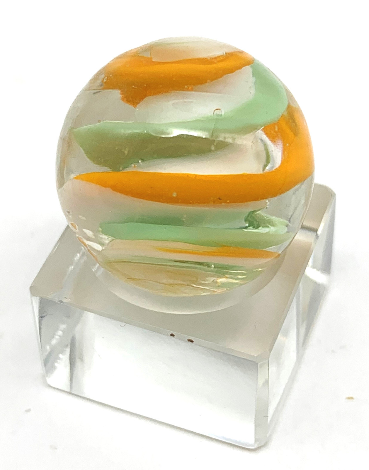 20mm Melon Shooter Glass Marbles Pk 5 (3/4″) Clear w White Orange Green Swirls