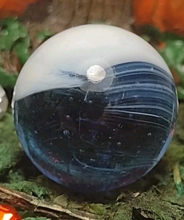 Master – Transparent Blue Base White Ribbon 💎 Glass Toy Vintage Marble ( .60″ )