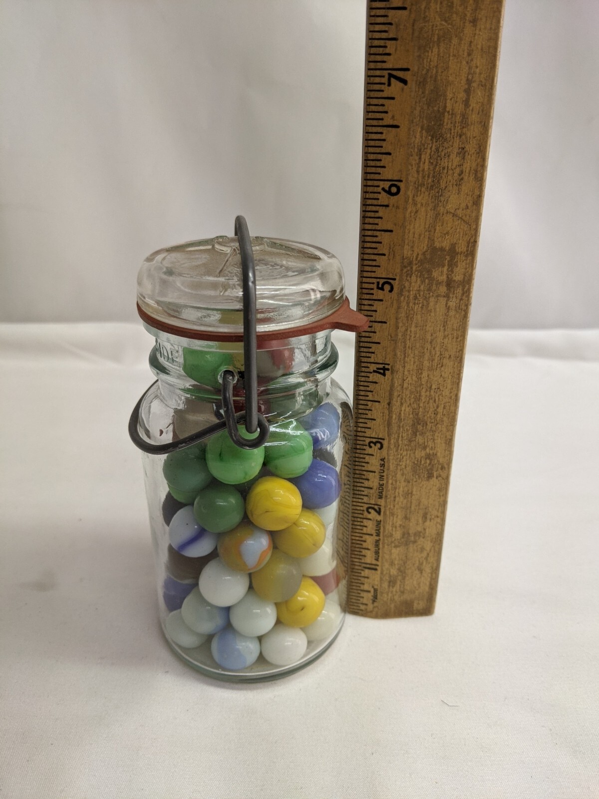 Vintage Marbles In Wire Lock Mason Jar 5 1/4″ x 2 1/2″ Lot of 67 Marbles LW