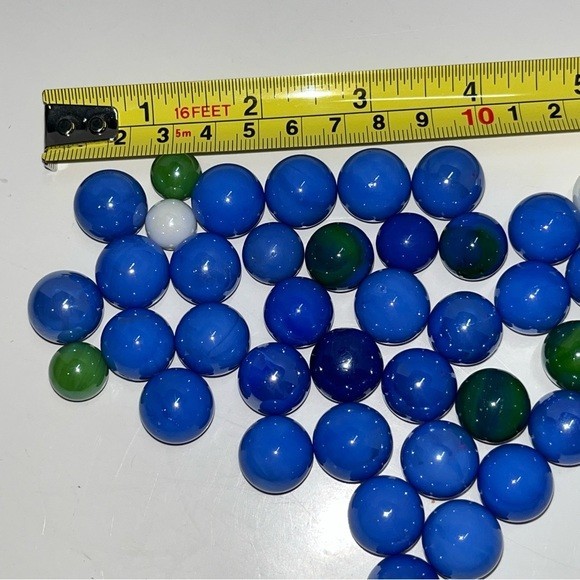 40+ Vintage Glass Marbles Shiny Glossy Blue Green White Solid Colour Lot Swirls
