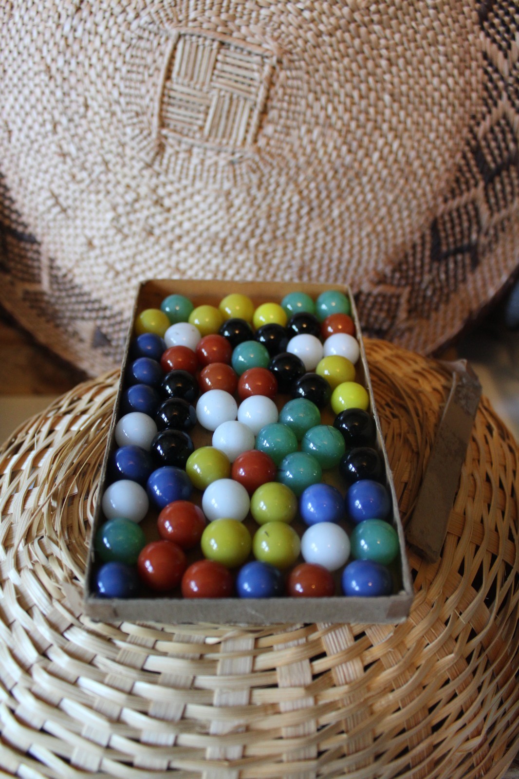 60 Vintage Original Box Vitro Agate No 00 Parkersburg Glass Game Marbles Machine