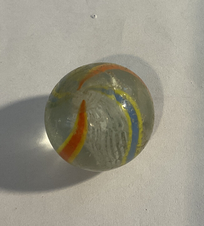 Vintage White Latticino Caged Swirl Marble Blue Orange Yellow Shooter 7/8″