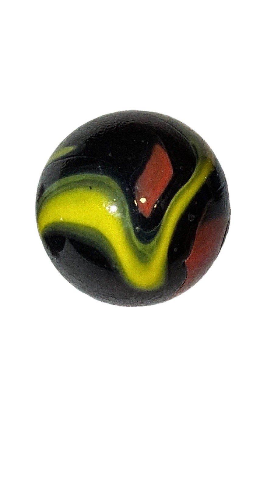 Lot of 3 Vintage US Glass Swirl Marbles Black Red Yellow Fire Polished 1 Inch