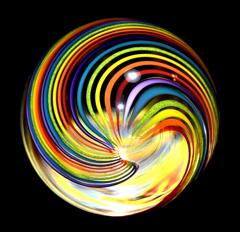 JOHN GIBBONS GLASS MARBLE/2.038″-SIMPLY A PERFECT RAINBOW-CRIMSON,ORANGE,GR.LUTZ