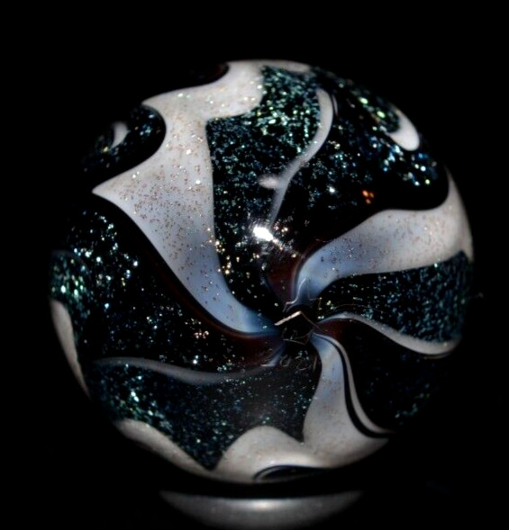 HOT HOUSE GLASS MARBLE/1.140″-FLAME TWIST BANDED FINE LINER-TURQ. DIC. OVERLAY