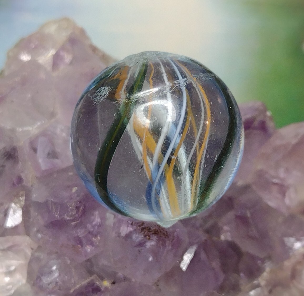 .71″✨ Orange & White Latticinio Net Core Handmade Swirl Vintage German Marbles