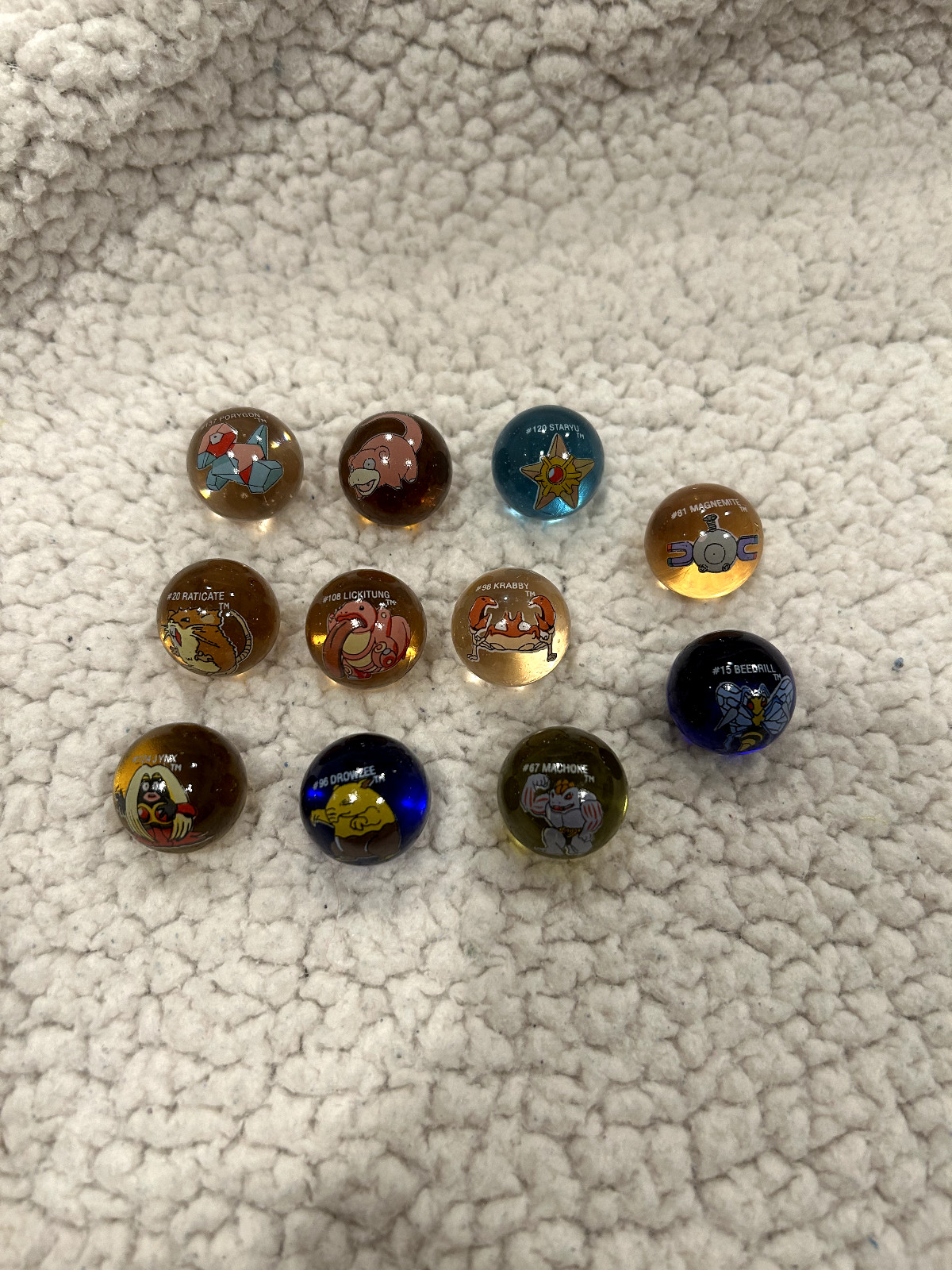 Vintage 1999 Pokémon Marble Lot – Red Machamp Bag (11 pcs) – Clear Glass
