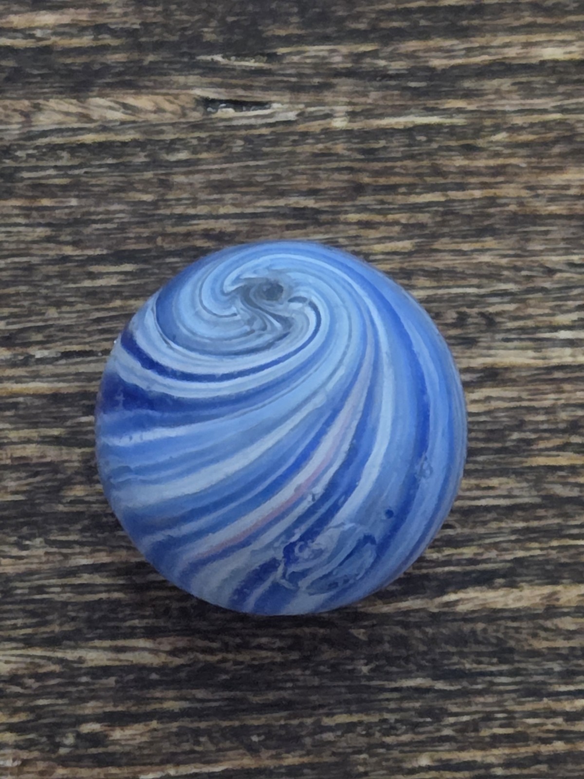 Vintage Handmade .82″ German Blue Onionskin Marble White Aysmmetric Pink Streak