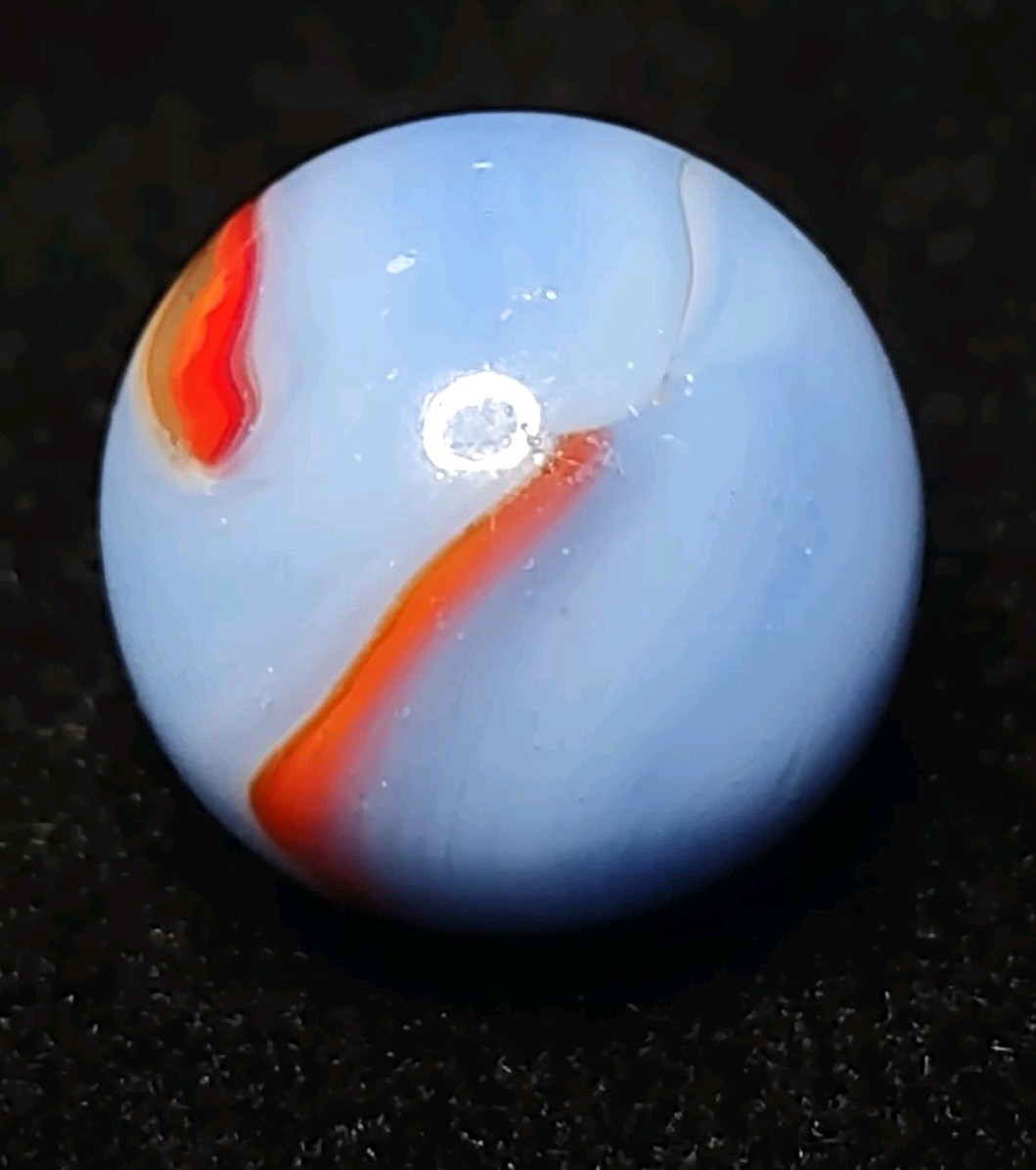 Robin Egg Blue w/ Orange 🔥 Red Peltier Rainbo Glass Vintage Marble .63″ Toy