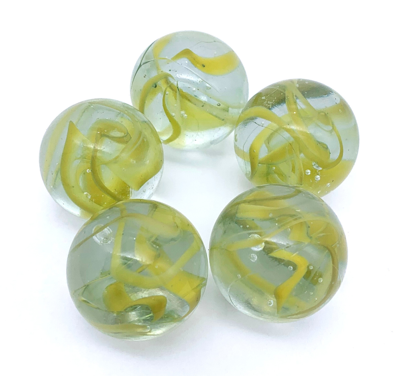 Pk 5 “Spaghetti” 25mm Glass Shooter Marbles (1″) Clear w Yellow / Green Swirls