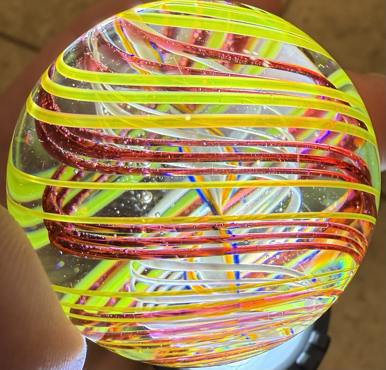 Studio Artist Signed Art Glass Marble 1.73” Latticino Ribbon Core Handmade