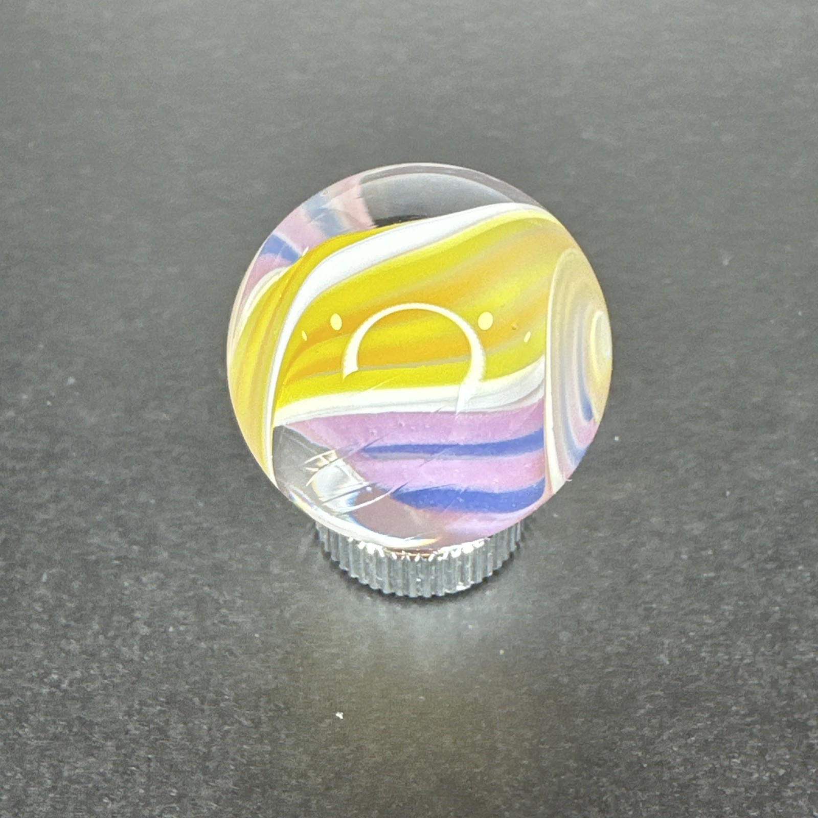 Contemporary Handmade Art Glass Marble 1″ Yellow Pink White Ribbon Core Swirl