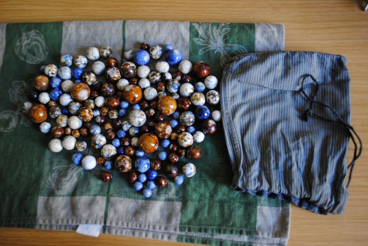 143 antique german bennington/jasper marbles with bag