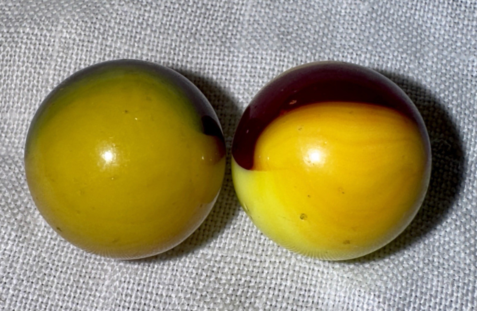 2 Vintage Akro Agate Patch Marbles, Both 0.62 in & NM+