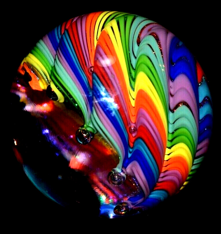 JAMES ALLOWAY HANDMADE MARBLE/2.623″-DICHROIC RAINBOW VORTEX # 3217-LIME,ROYAL +
