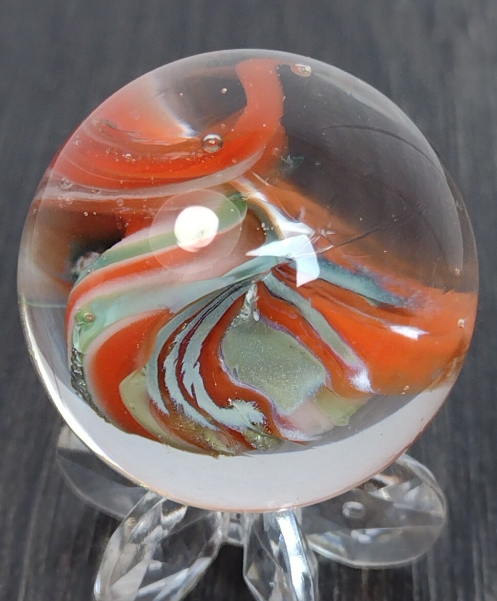 1.03″ LG Peach & Green Sparkle 🦚 PEACOCK Swirl Contemporary Studio Art Marbles