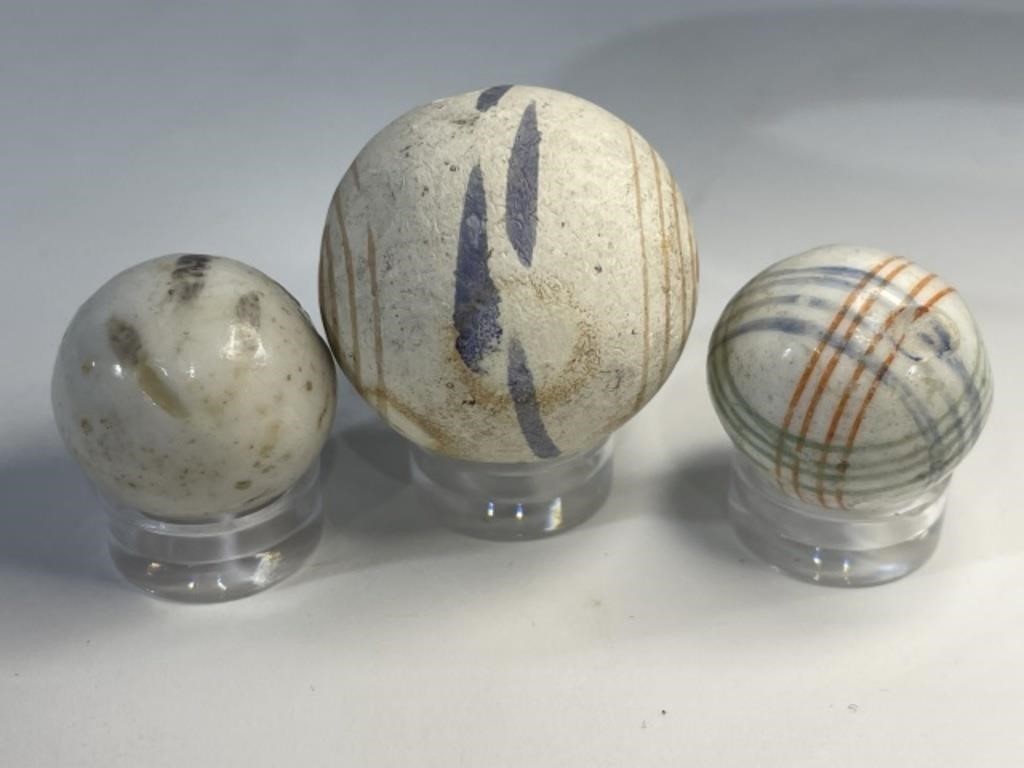 Lot of 3 Antique China Clay Marble Intersecting line Master helix swirl shooter