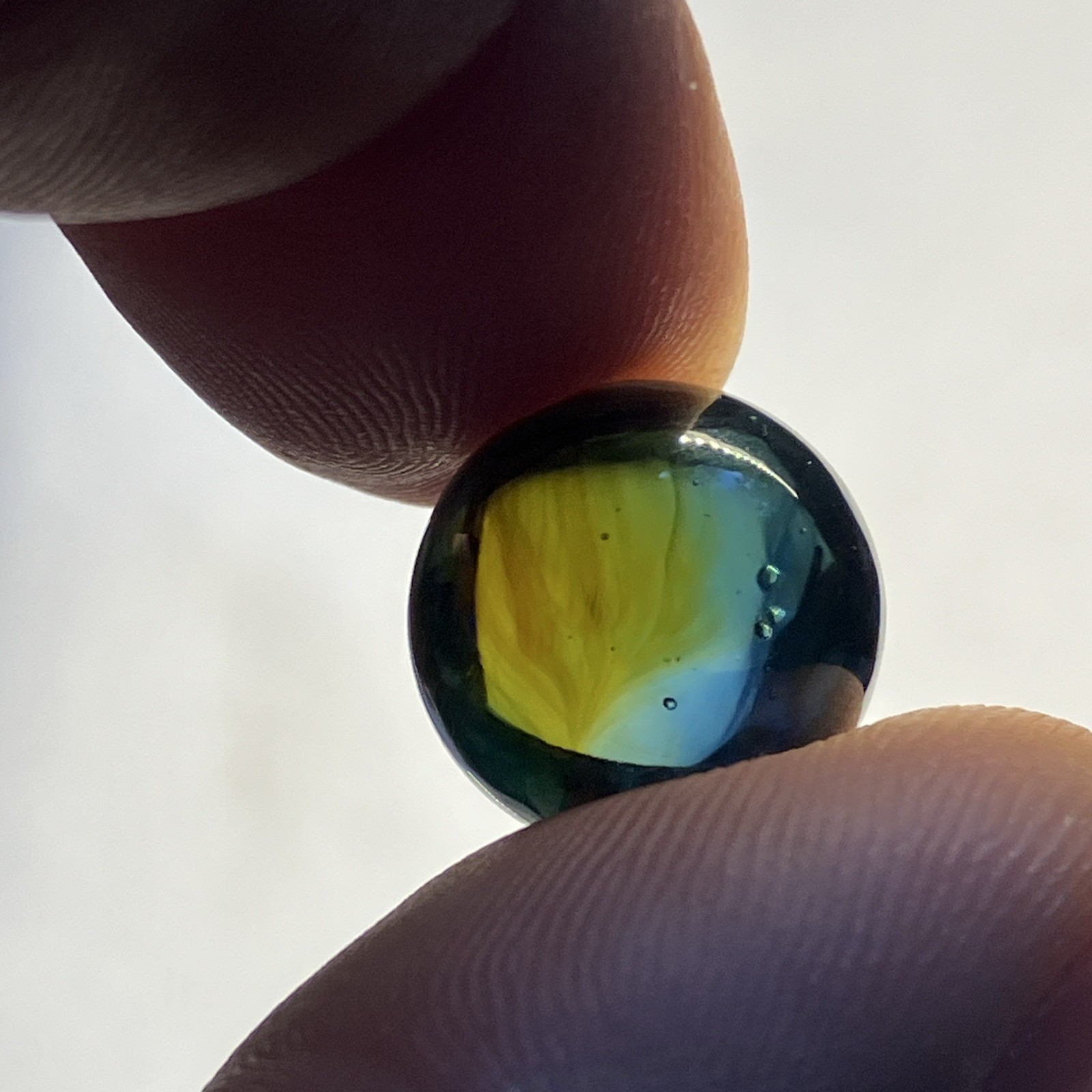 Vintage small glass marble Clear Blue Green Yellow Swirl .522″ possible Jabo