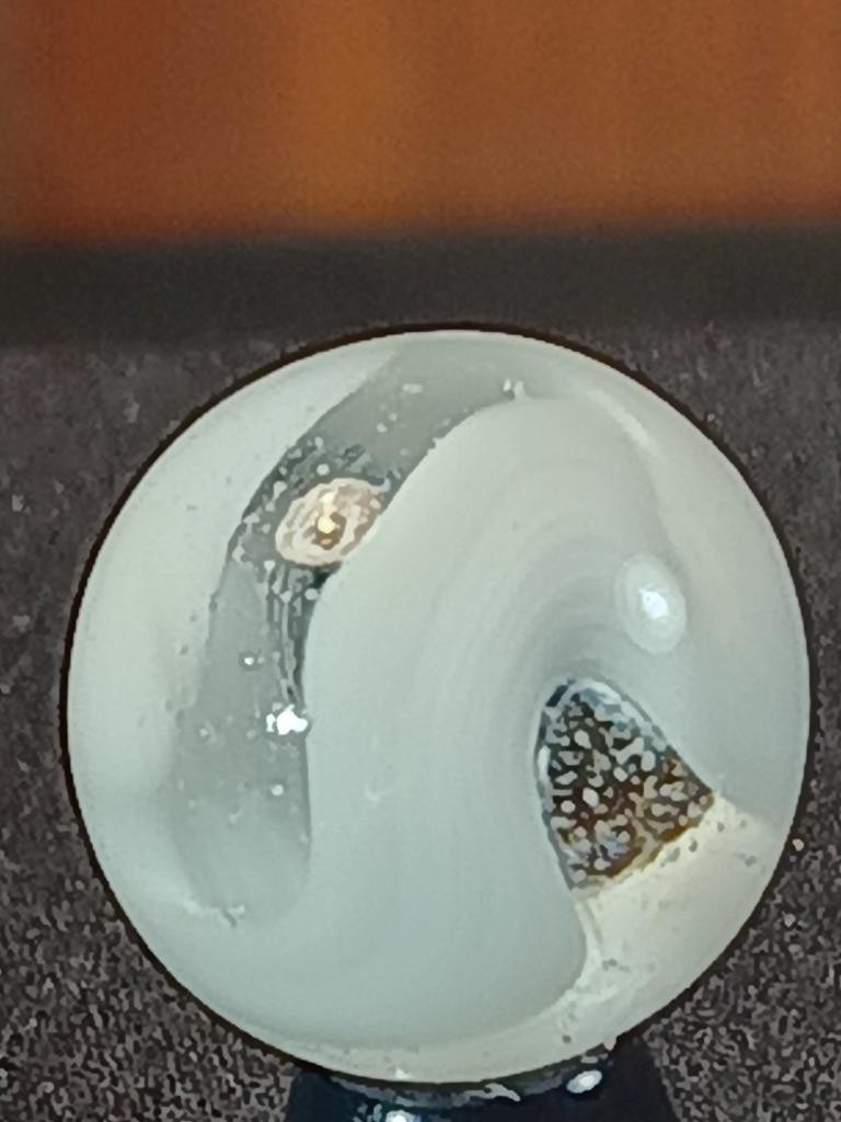 5/8″ Akro Agate Ice White Slag Snake Swirl on Clear NM Serious Marble B102