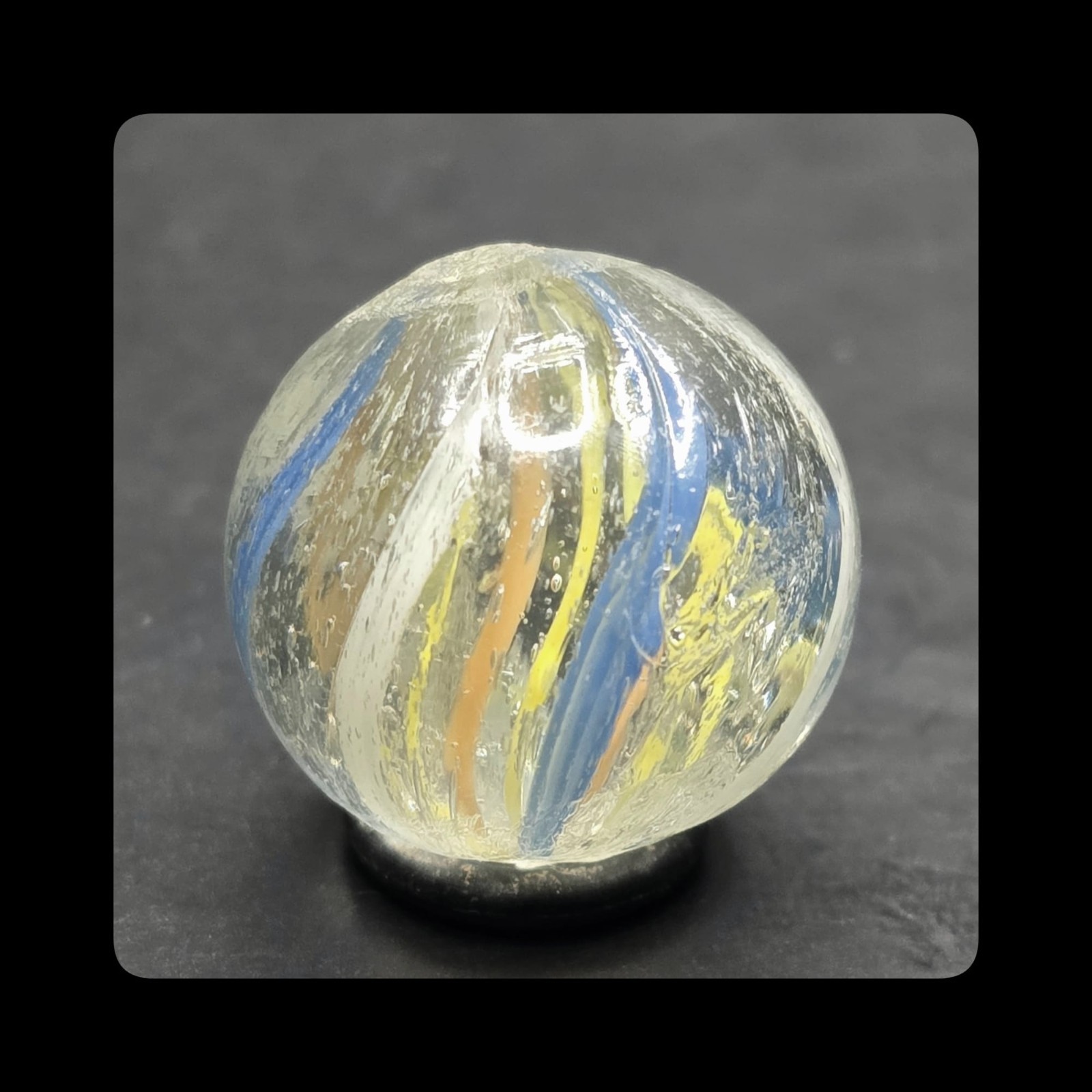 ~Mic’sMibs~3/4″ Rare Salmon & Yellow Bi colour Latticino Swirl Shooter Mint 9.6