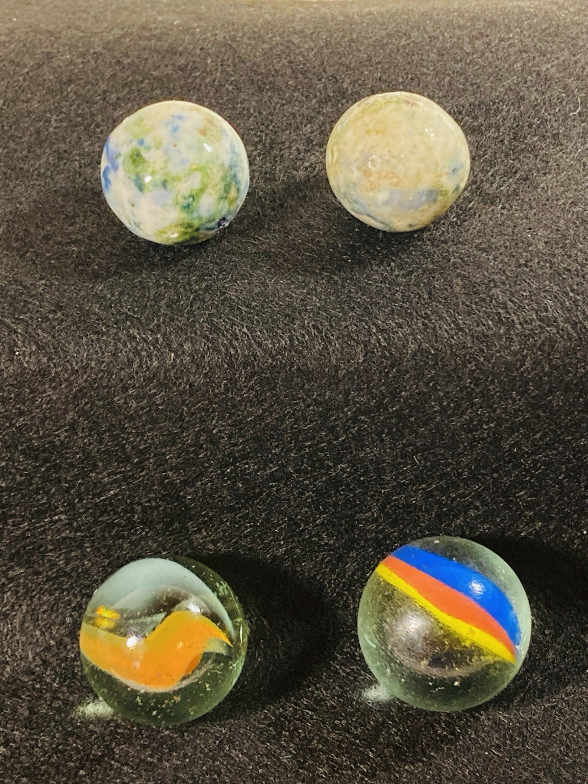 2 ANTIQUE VINTAGE BENNINGTON MARBLES FANCY MULTICOLORED 1800’s HANDMADE GLAZED