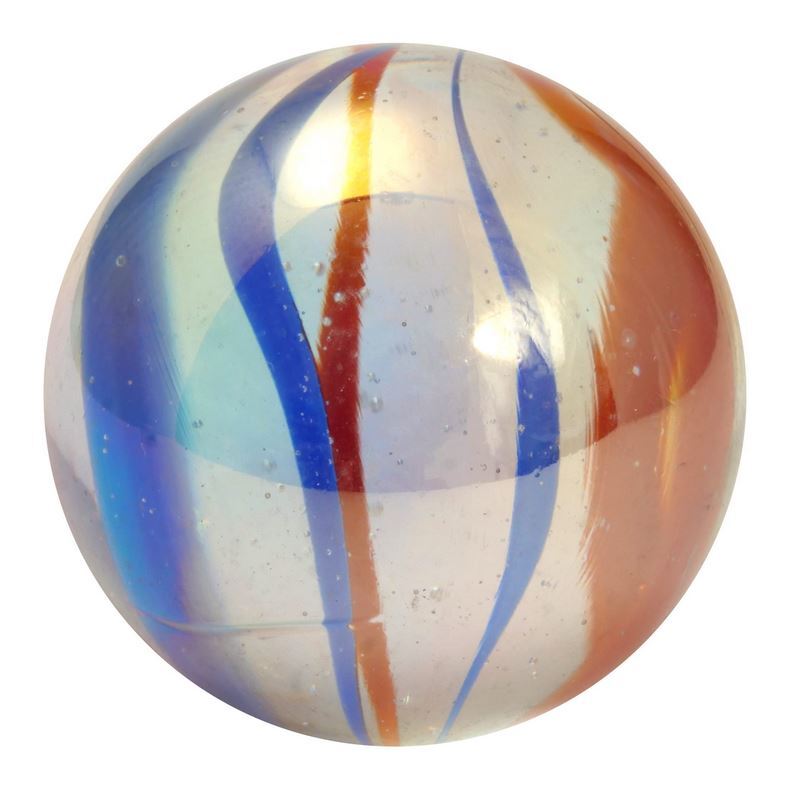Single 50mm Funfair Toebreaker Glass Marble 2″ Clear with Red and Blue Swirls