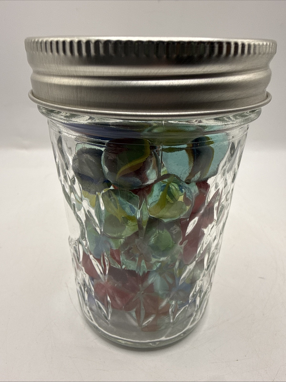 Assorted Vintage Marbles in Small Glass Mason Jar, Asst 47 As Seen Pics