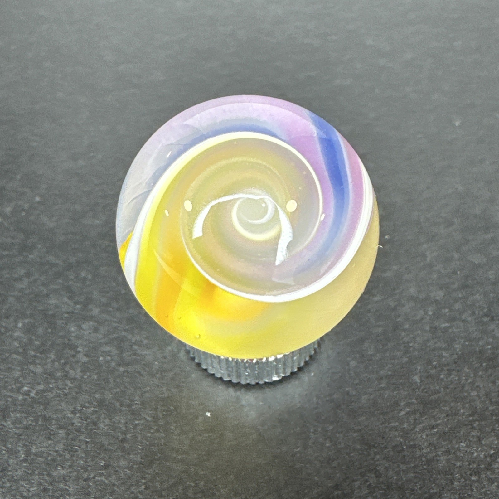 Contemporary Handmade Art Glass Marble 1″ Yellow Pink White Ribbon Core Swirl