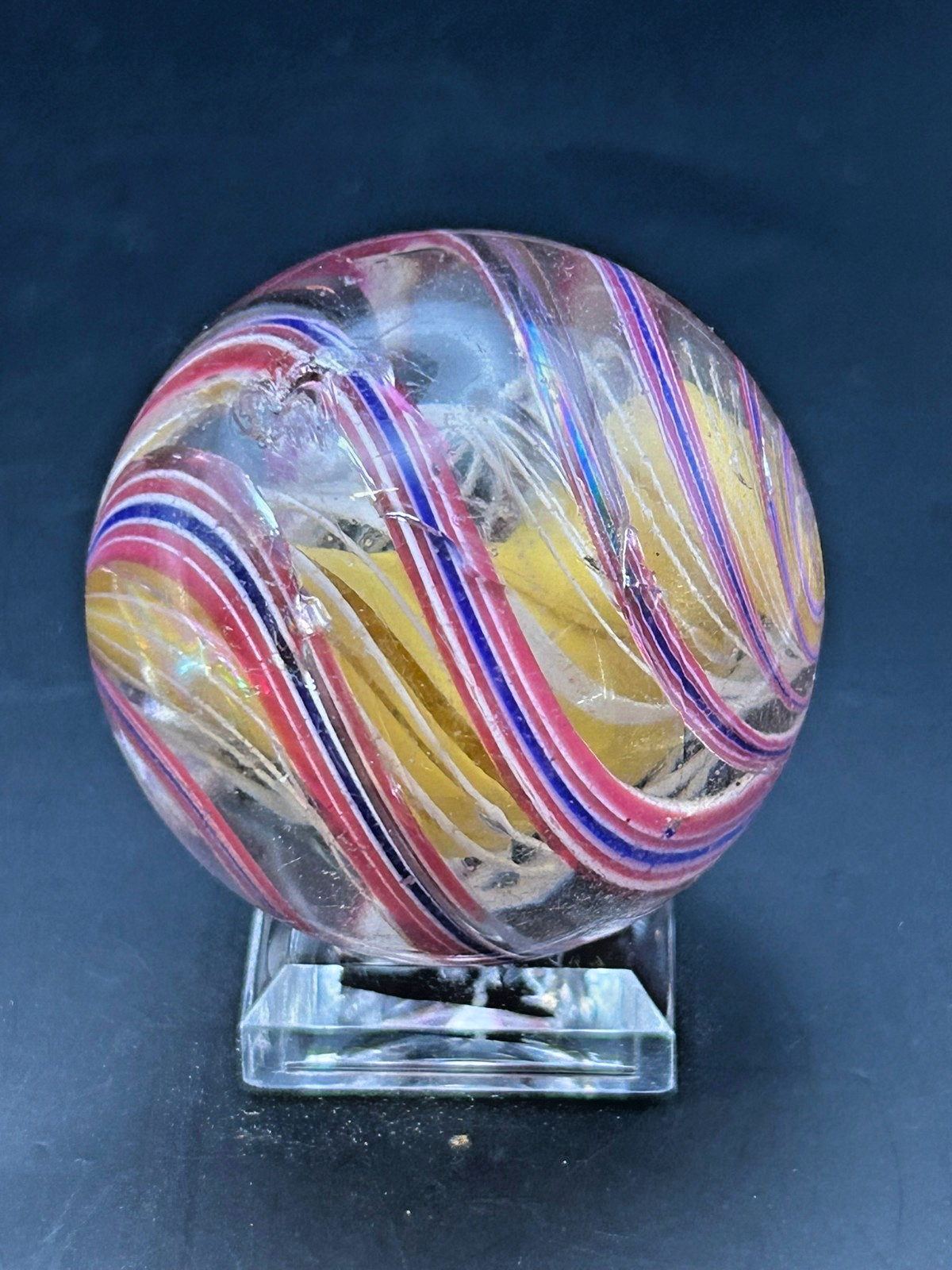 Antique German 3 Stage Solid Core Latticino Ribbon Marble 1 15/32″ NM+ E3.1