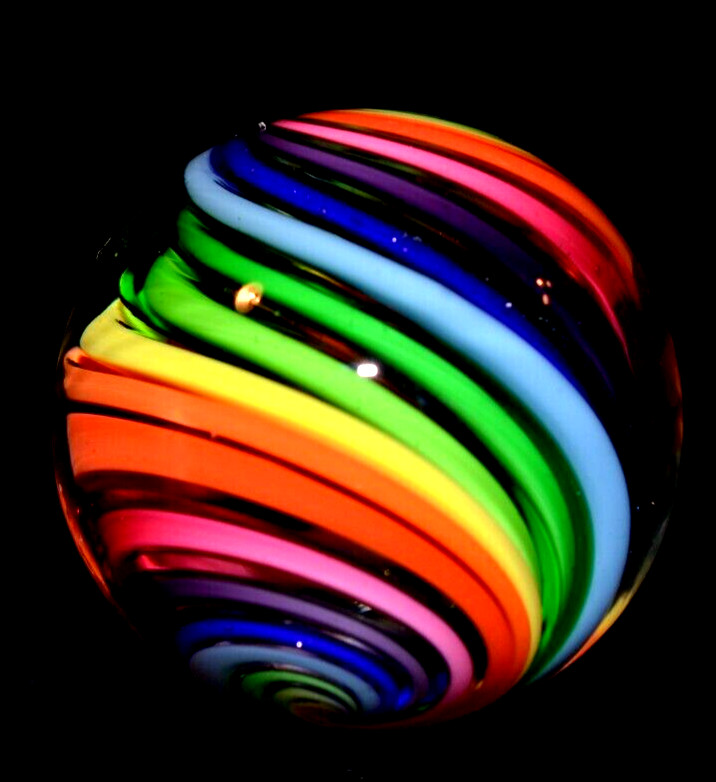 EDDIE SEESE GLASS MARBLE/1.493″-RAINBOW COBALT DICHROIC STRIPE-PERSIMMON,YELLOW+