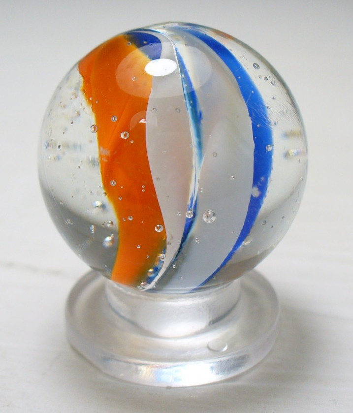 #1050 Vintage Foreign Cats Eye Marble Shooter 6 Vane 3 Color Red, White and Blue
