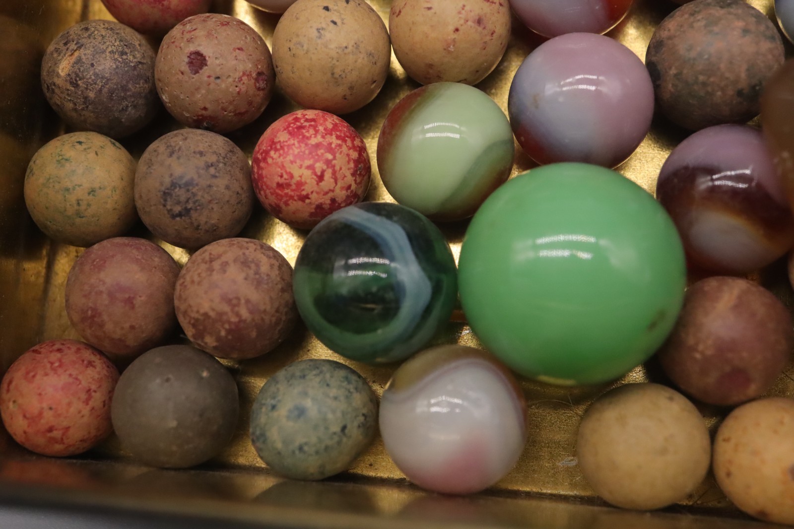 RARE Antique Marble Lot Handmade Glass Clay Marbles Vintage Tin Toy Game