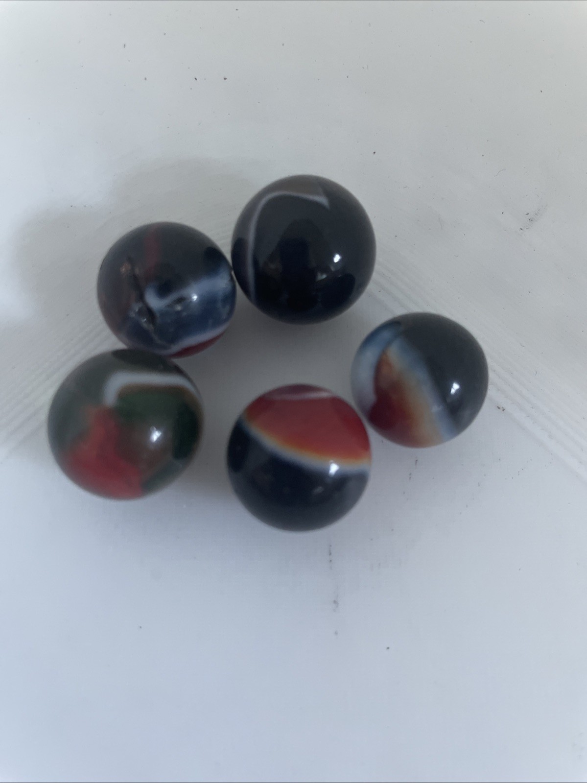 Lot Of 5 Black Vitro Pinstripe Helmet Patch Glass? And Other Vintage Marbles