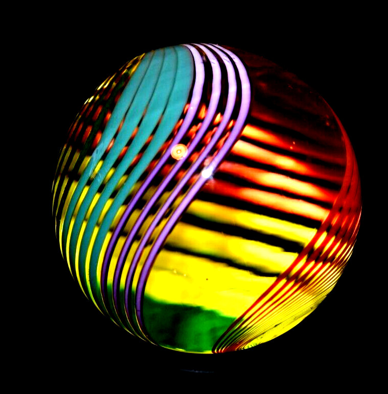 JOHN GIBBONS GLASS MARBLE/1.650″-24 RIBBON RAINBOW SWIRL-CRIMSON,GR. LUTZ,TURQ +
