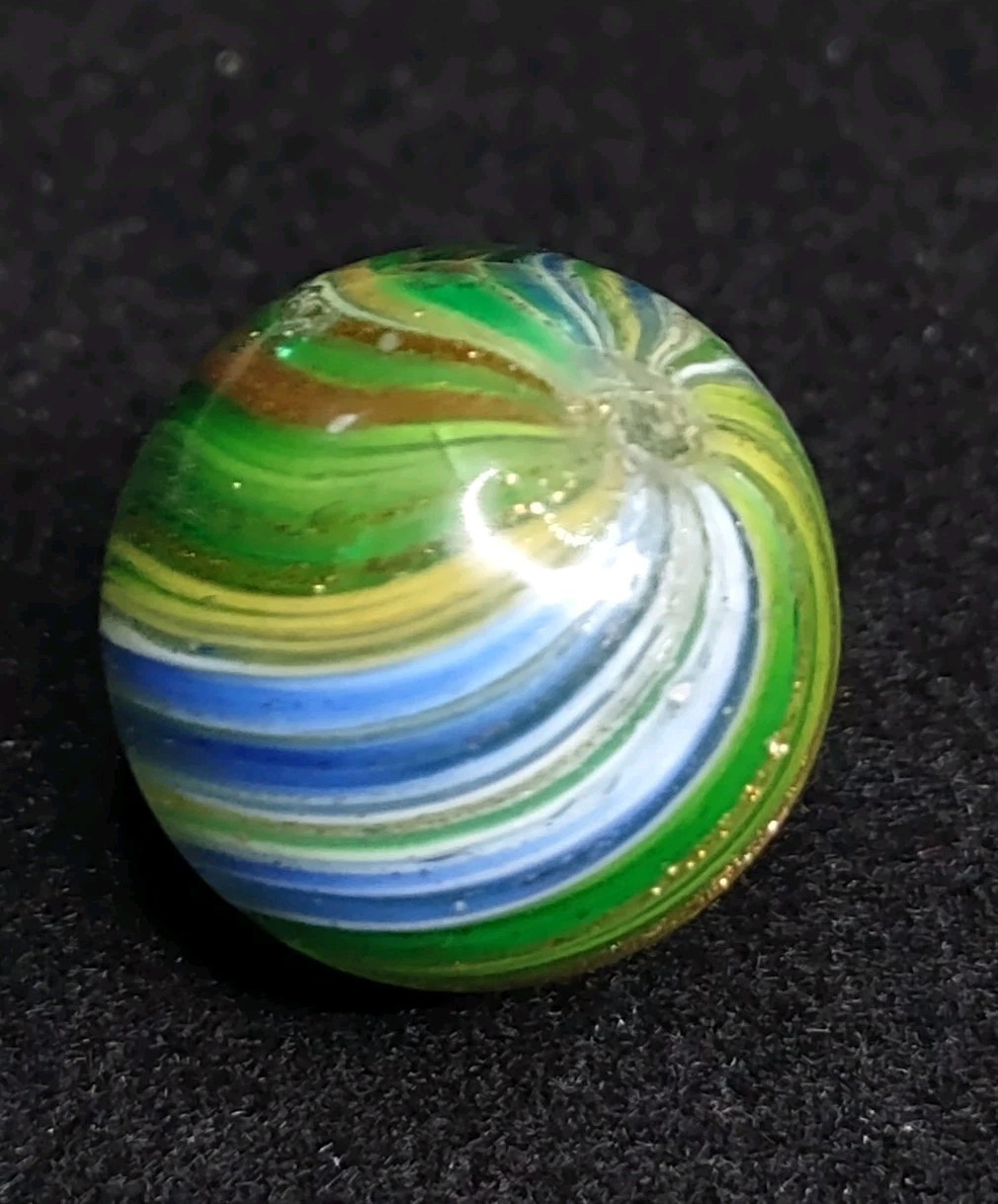 HTF ✨ .65″ GOLD LUTZ Onionskin Swirl Handmade Antique Glass Toy German Marble