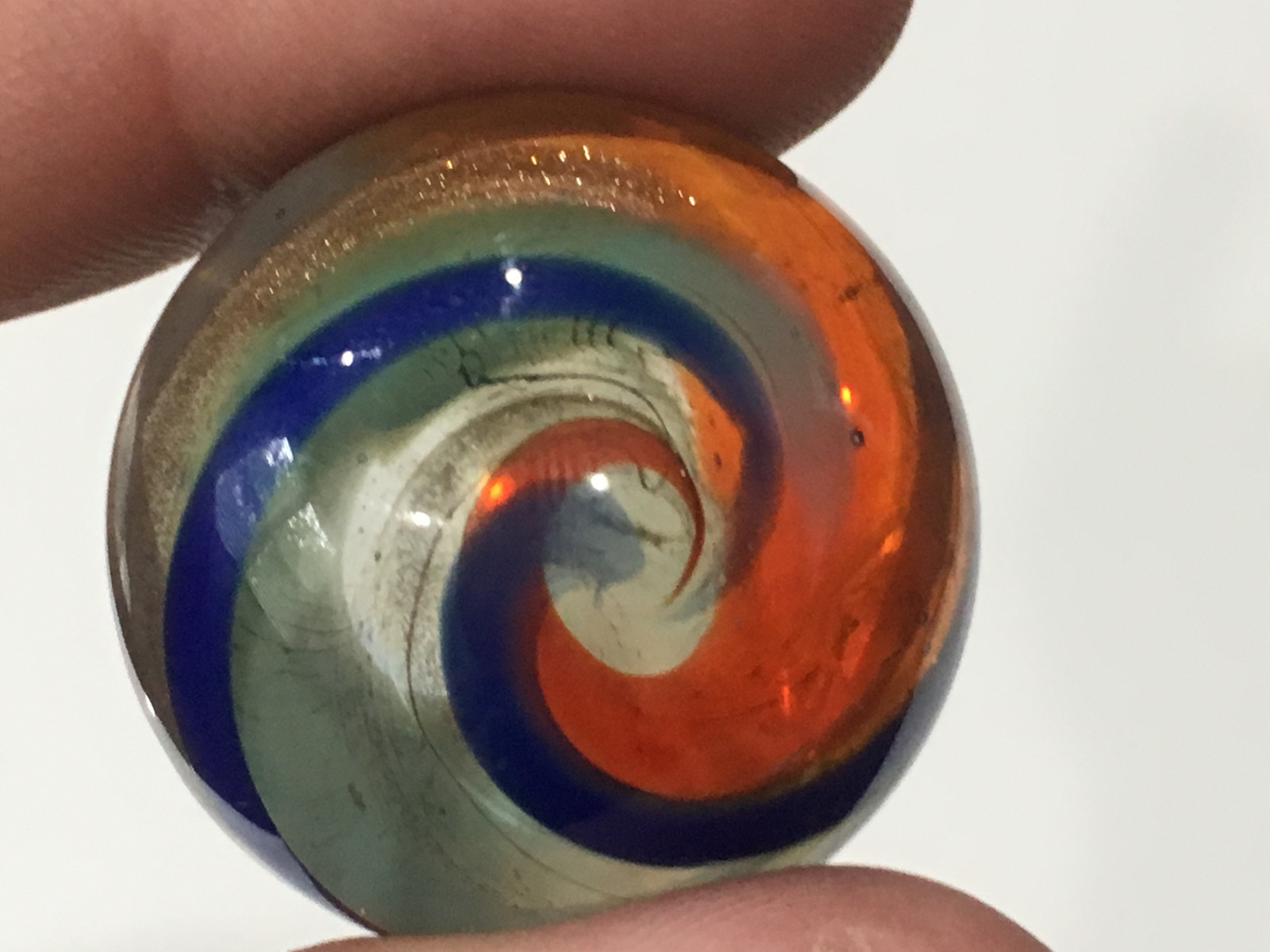 Unknown Age Blown Glass Shooter Marble Orange Blue Gold Swirl
