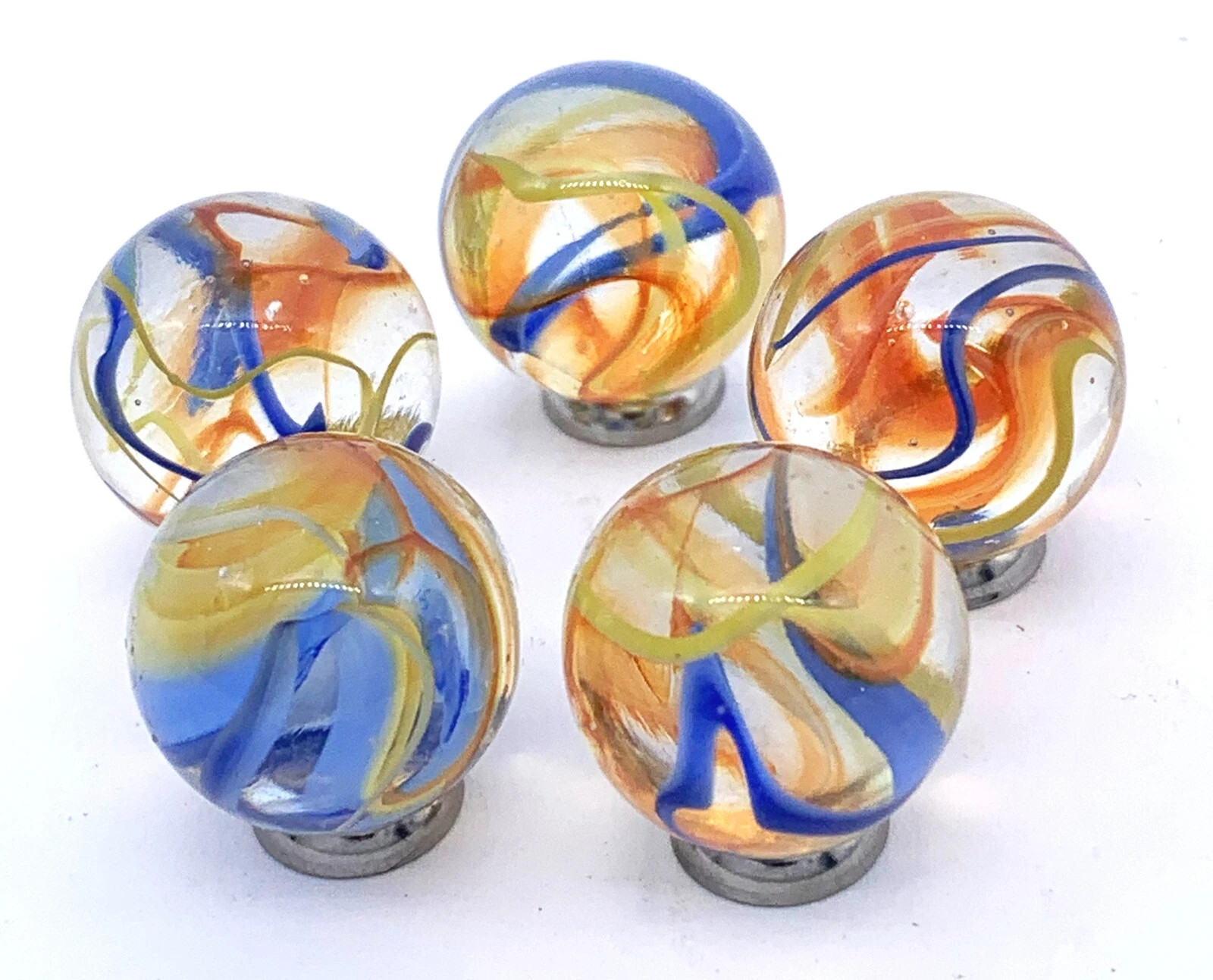 16mm Fiesta Glass Marble Players Pk 5 Vintage Marbles Clear w Red Blue Yellow