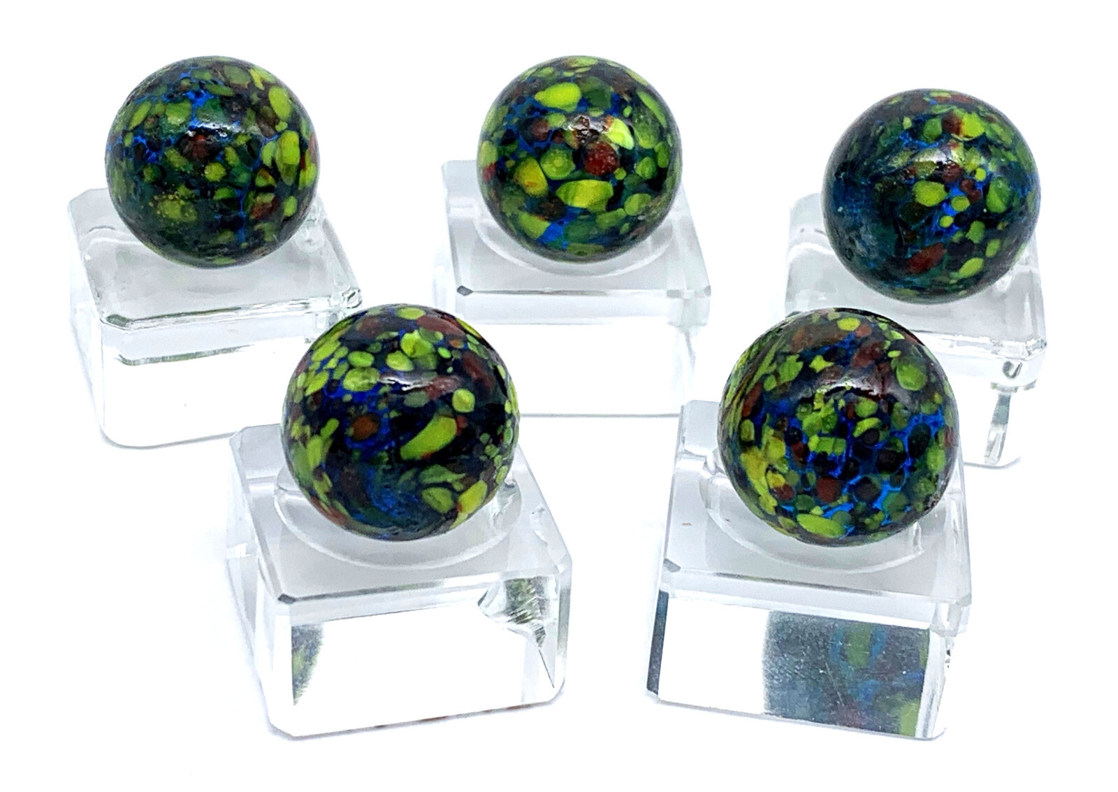 16mm Planet Zigo Player Marbles Pk of 5 (5/8″) Blue w Red Green & Yellow Spots
