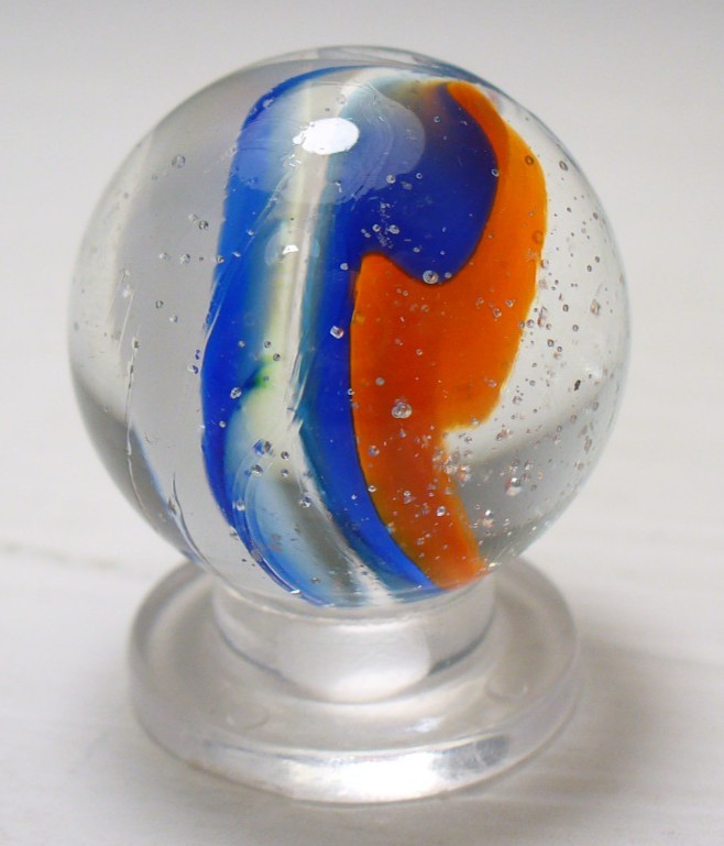 #1050 Vintage Foreign Cats Eye Marble Shooter 6 Vane 3 Color Red, White and Blue