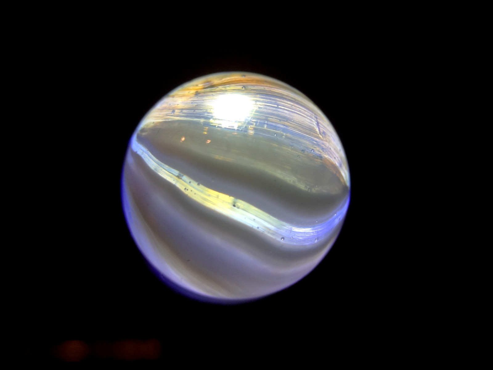 Master Marble ” RARE SUNBURST ” w/MOONIE GLASS Awesome colors Wet Mint