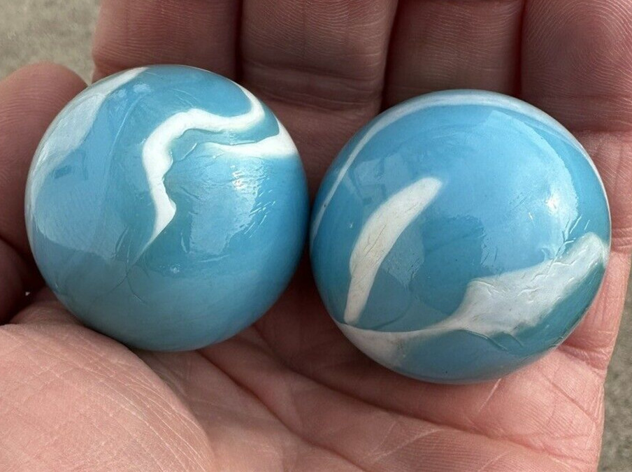 2 BOULDERS 35mm NEPTUNE Marbles Glass Blue/White LARGE HUGE Swirl