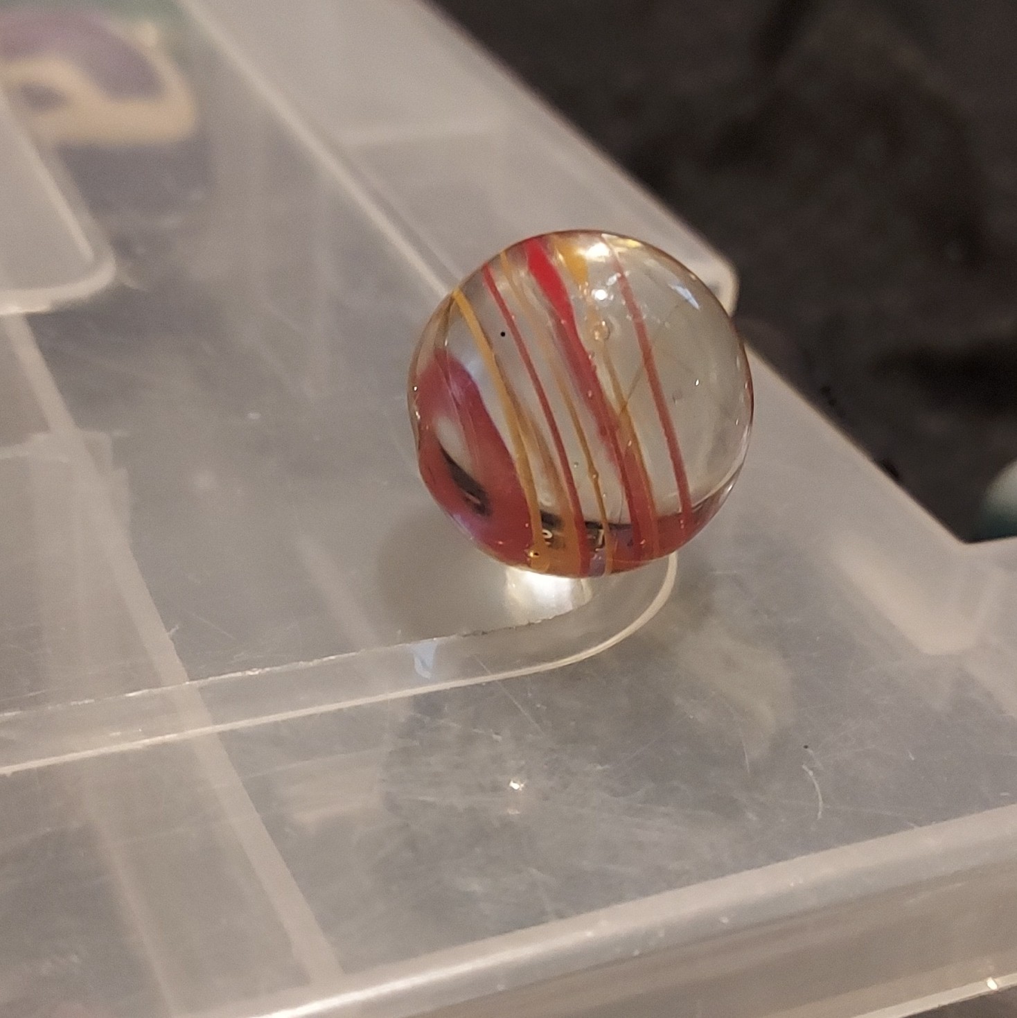 Clear Glass Swirl Toy Marble – Red Orange Yellow Ribbon Stripes, Ages 4+