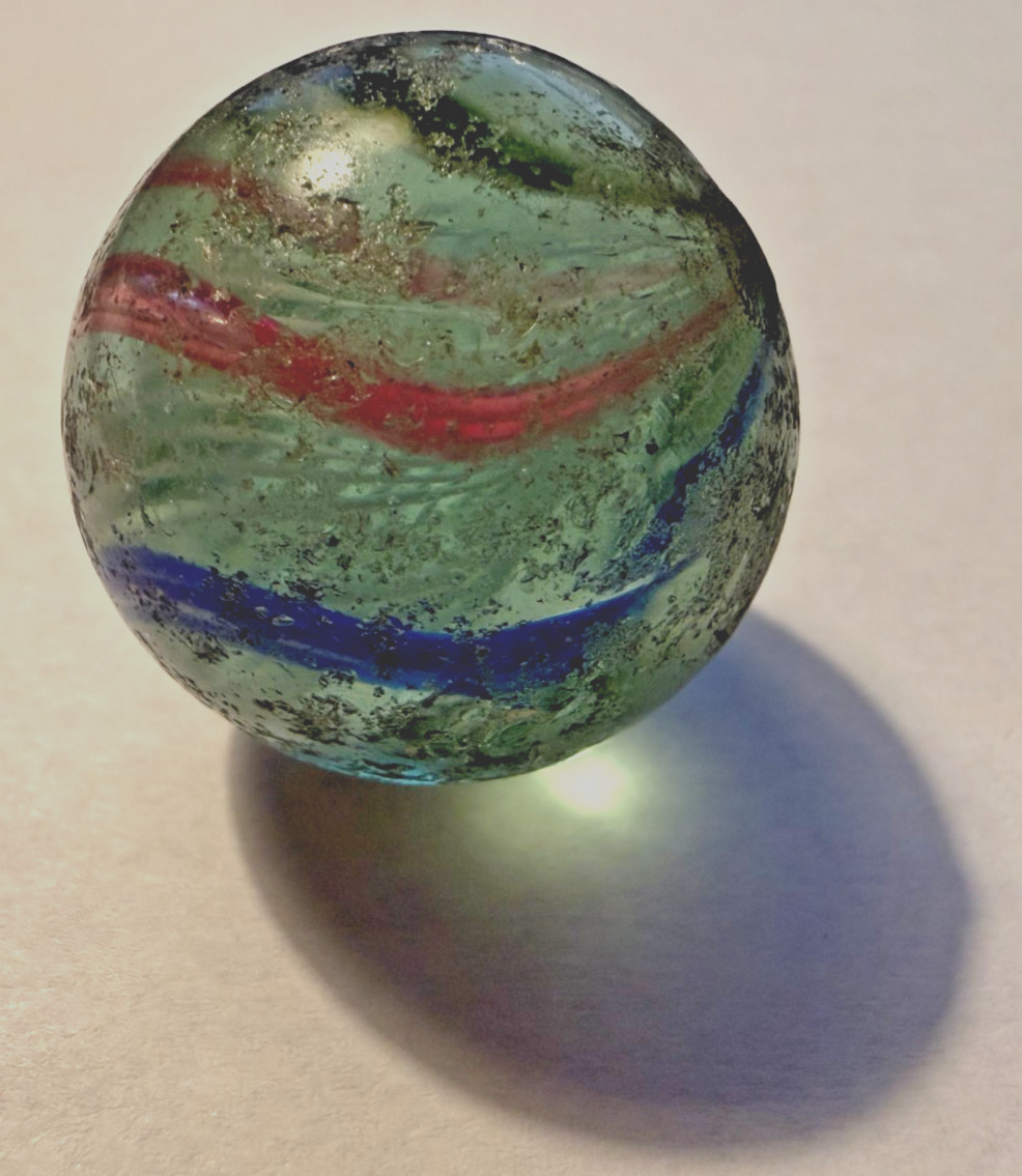 1″ ANTIQUE HANDMADE GERMAN MARBLE, WHITE Latticino CORE, Pink, Blue Ribbon