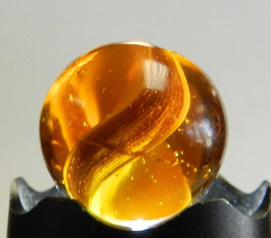#18549m Large .77 Inches Vintage German Handmade Amber Glass Ribbon Lutz Marble