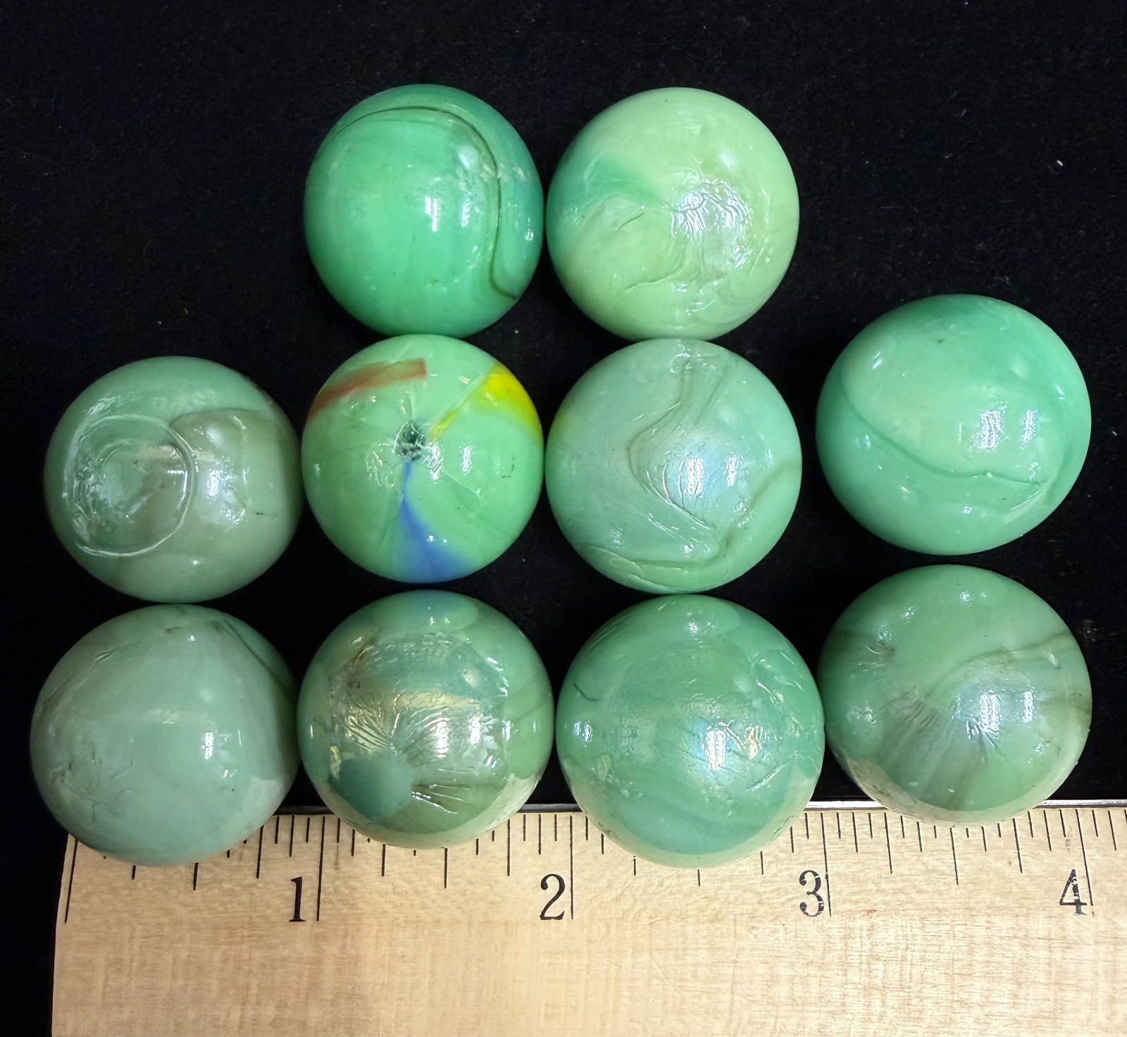Vintage Glass Marbles Green, 24mm, 1 inch Approximately, Set of 10