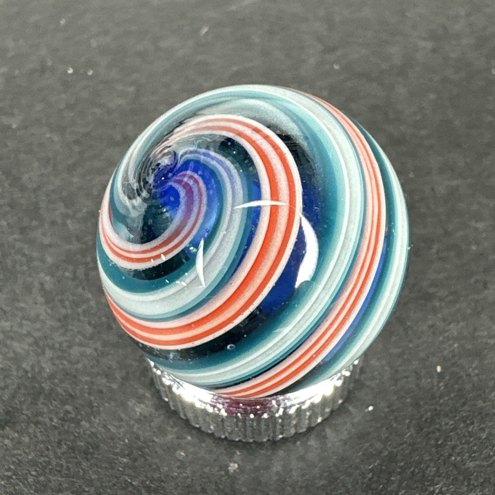 Contemporary Handmade Art Glass Marble .72″ Orange Blue White Swirl MIB Boro UV