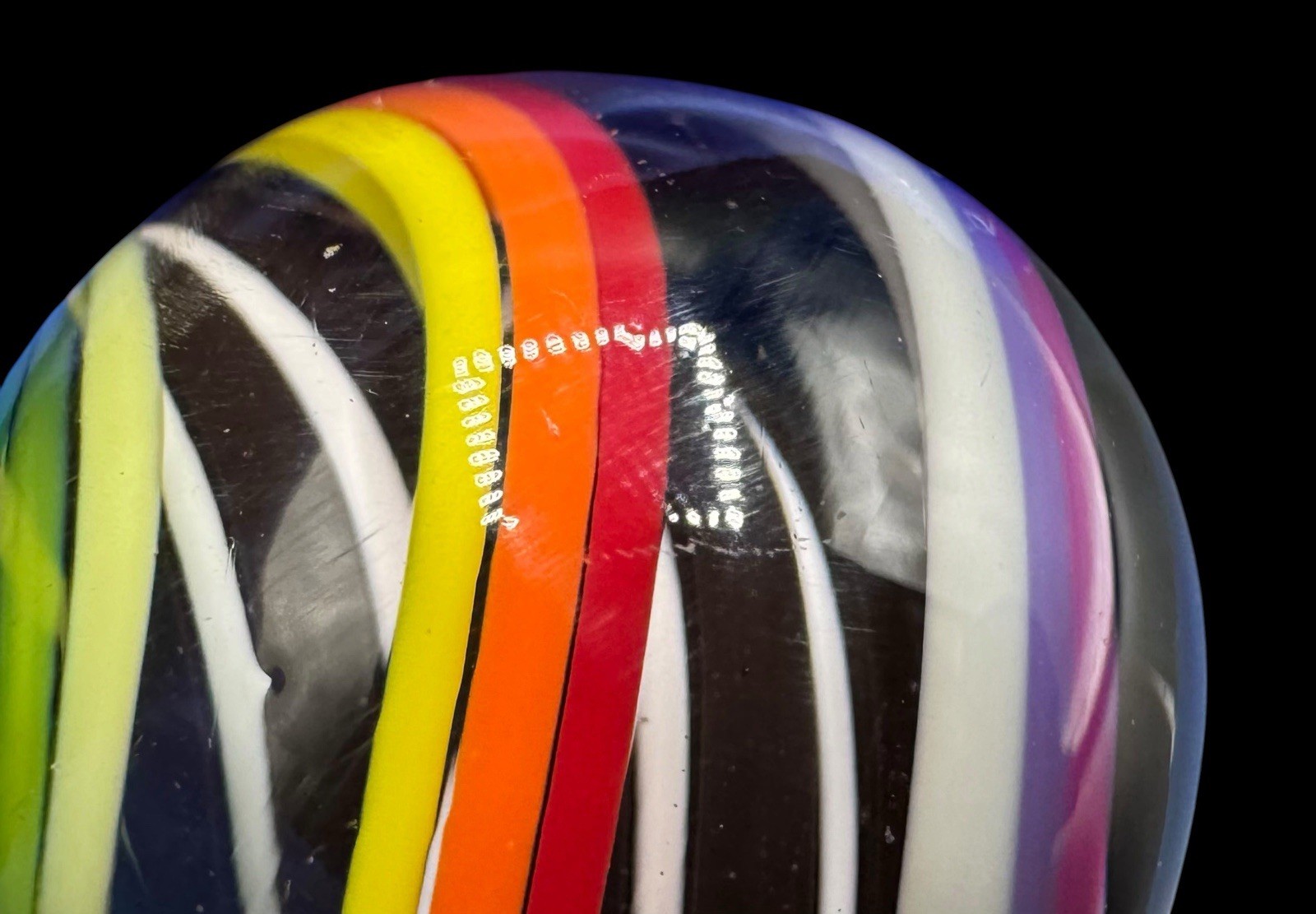 Jody Fine Glass Marble .92 Zebra Core Maypole Rainbow Cage Swirl Unsigned