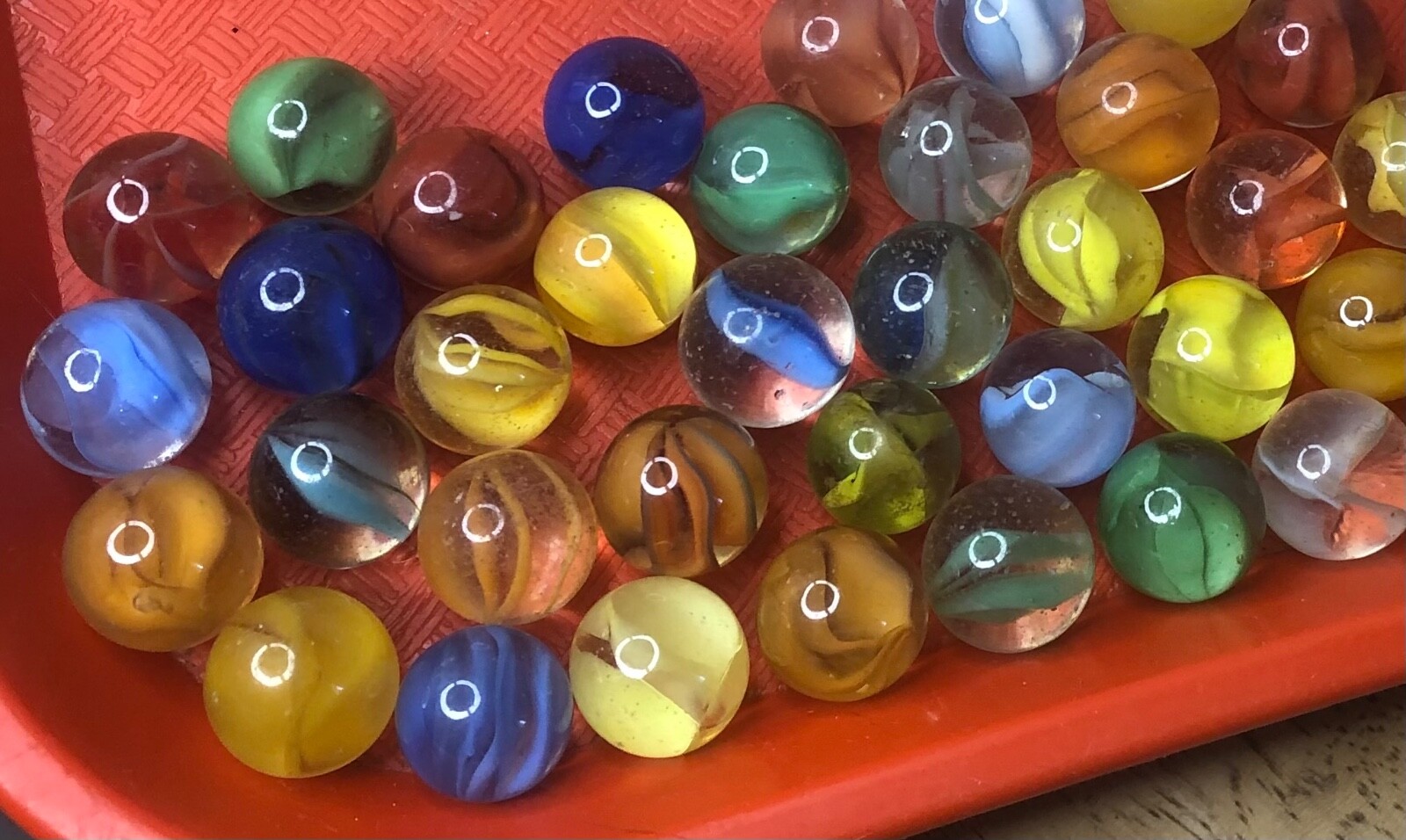 50 vintage CATS EYES OR RIBBON glass marbles 14-16mm